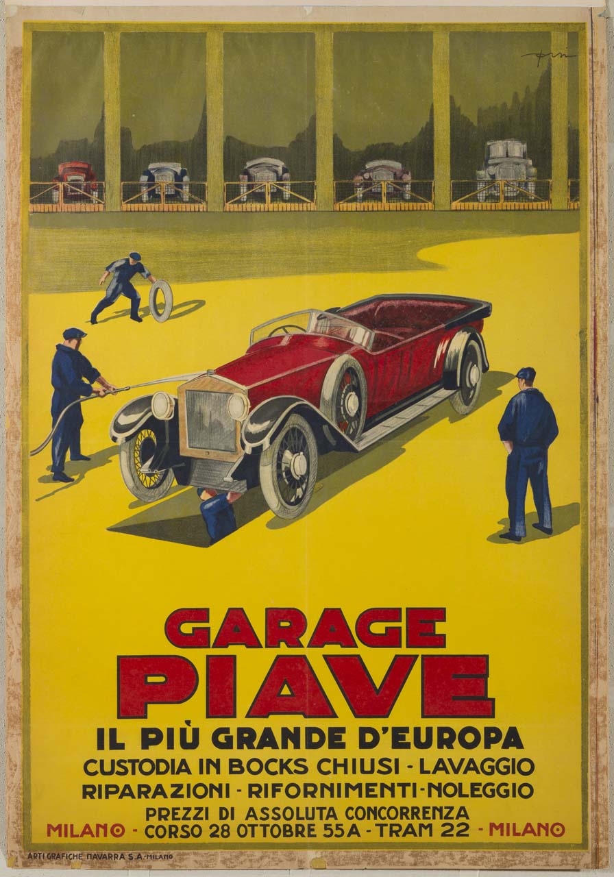 quattro operai svolgono manutenzione ad un automobile sullo sfondo di un garage (manifesto) di Orsi Italo (sec. XX)
