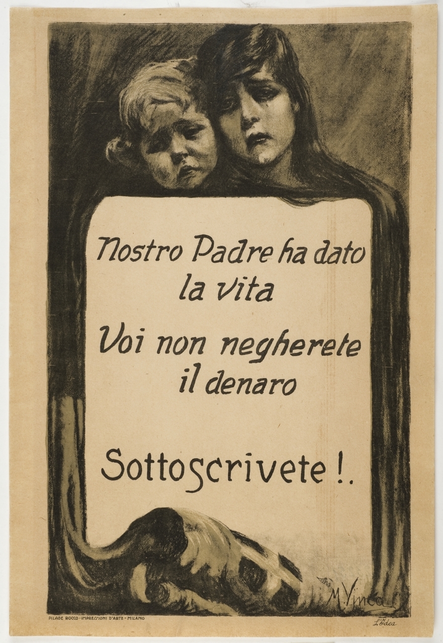 due orfani di guerra in lacrime dietro una lapide con iscrizioni (locandina) di Vinca Maria (sec. XX)