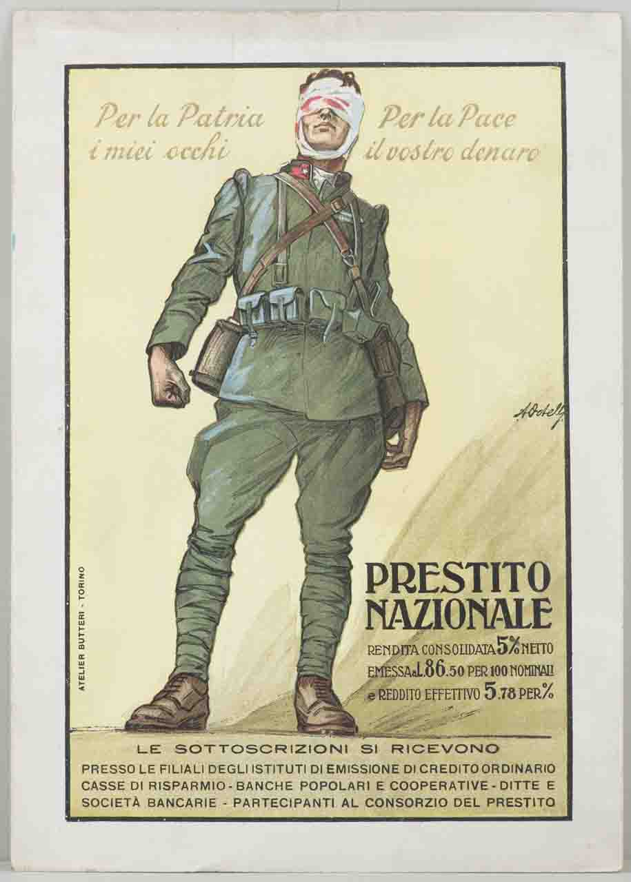 soldato in posa stante con occhi feriti e testa fasciata (locandina) di Ortelli Alfredo (sec. XX)