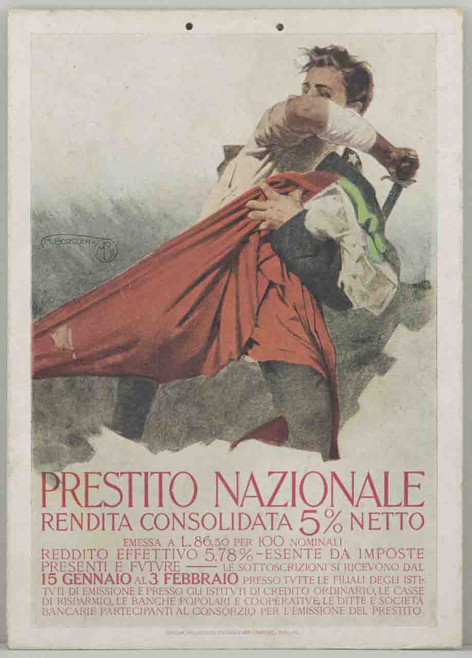 soldato difende con la baionetta la bandiera italiana stretta al petto (locandina) di Borgoni Mario (sec. XX)