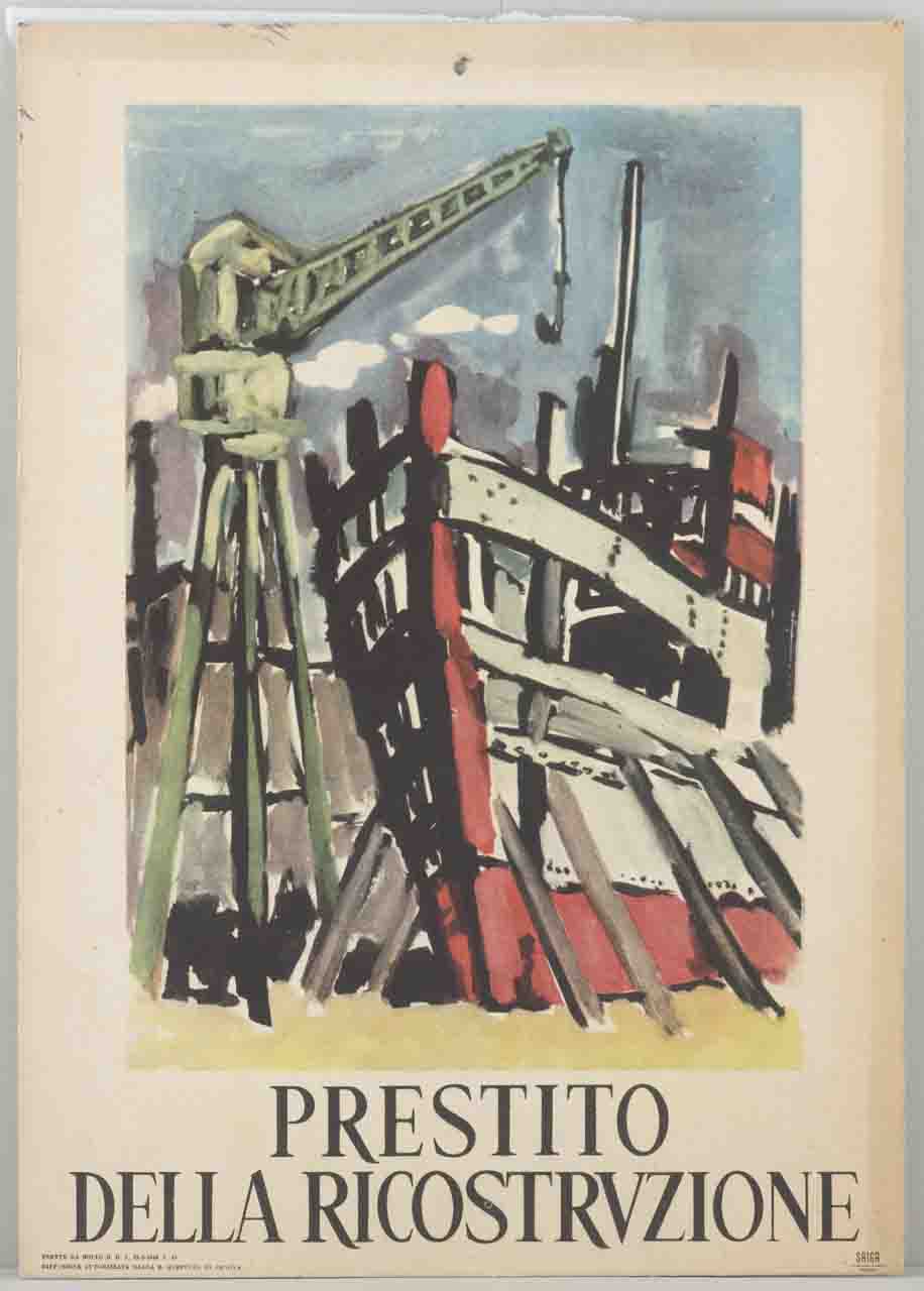 nave in costruzione in un cantiere navale (locandina) - ambito italiano (sec. XX)