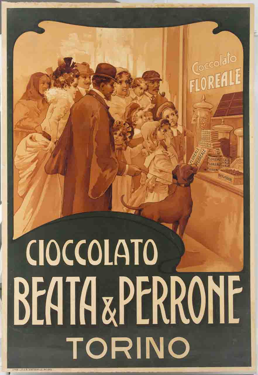 donne uomini e bambini ammirano i dolciumi esposti nella vetrina di una cioccolateria (locandina) - ambito italiano (sec. XX)