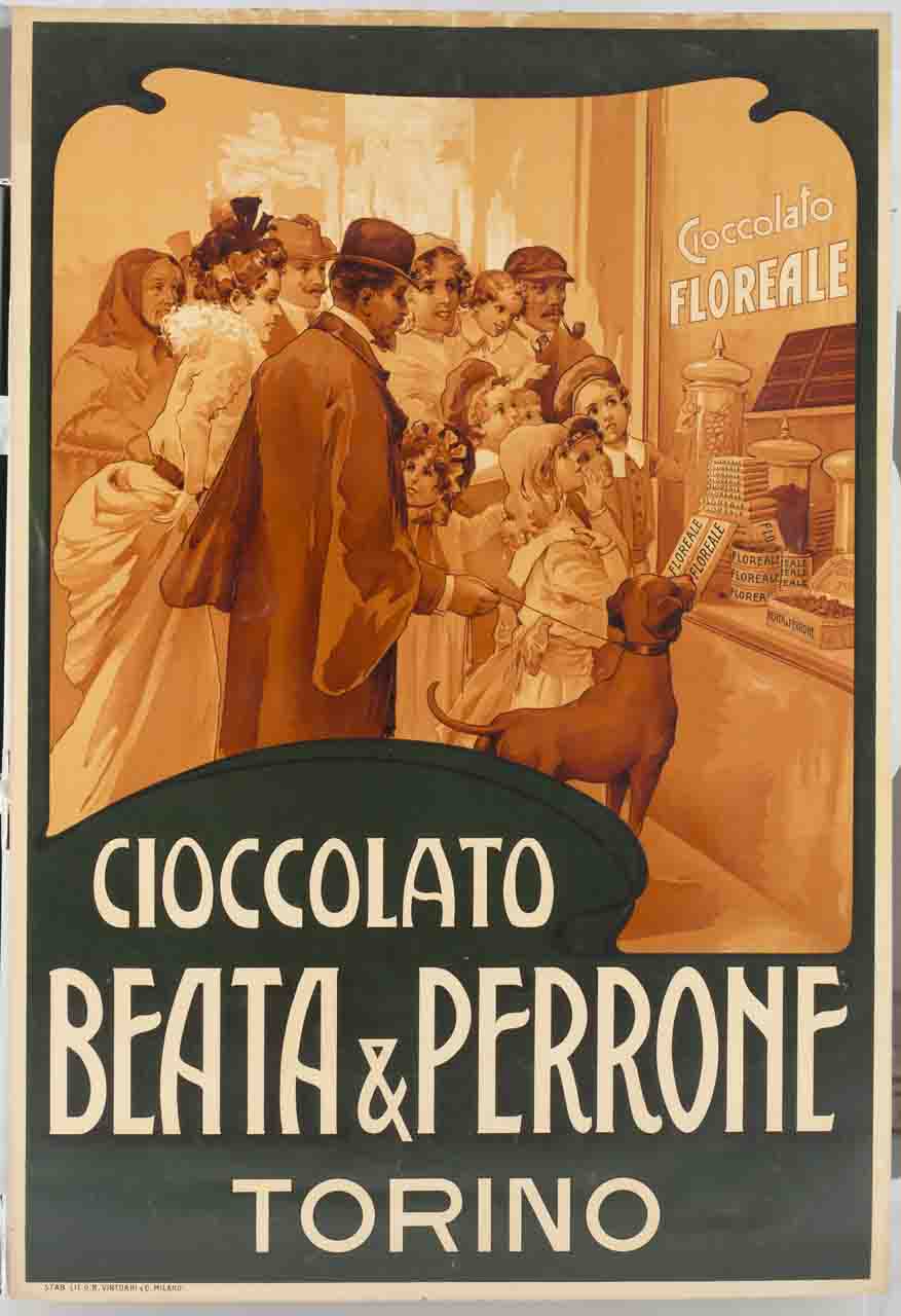 donne uomini e bambini ammirano i dolciumi esposti nella vetrina di una cioccolateria (locandina) - ambito italiano (sec. XX)