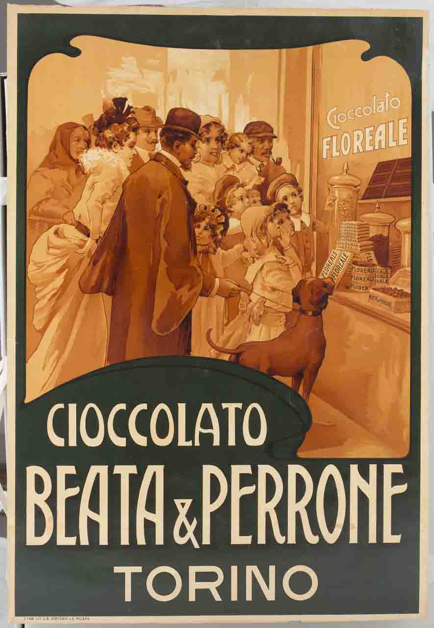 donne uomini e bambini ammirano i dolciumi esposti nella vetrina di una cioccolateria (locandina) - ambito italiano (sec. XX)