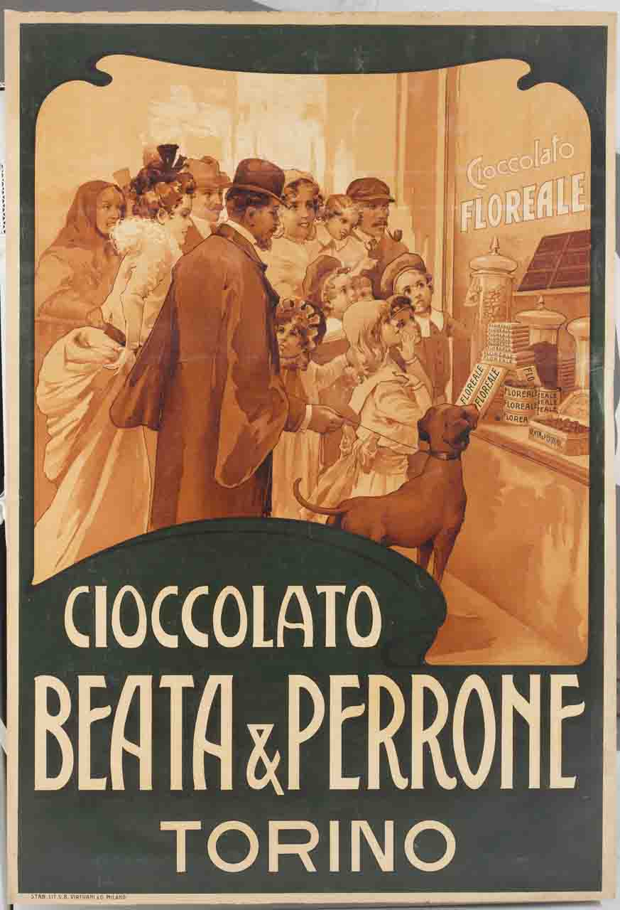 donne uomini e bambini ammirano i dolciumi esposti nella vetrina di una cioccolateria (locandina) - ambito italiano (sec. XX)