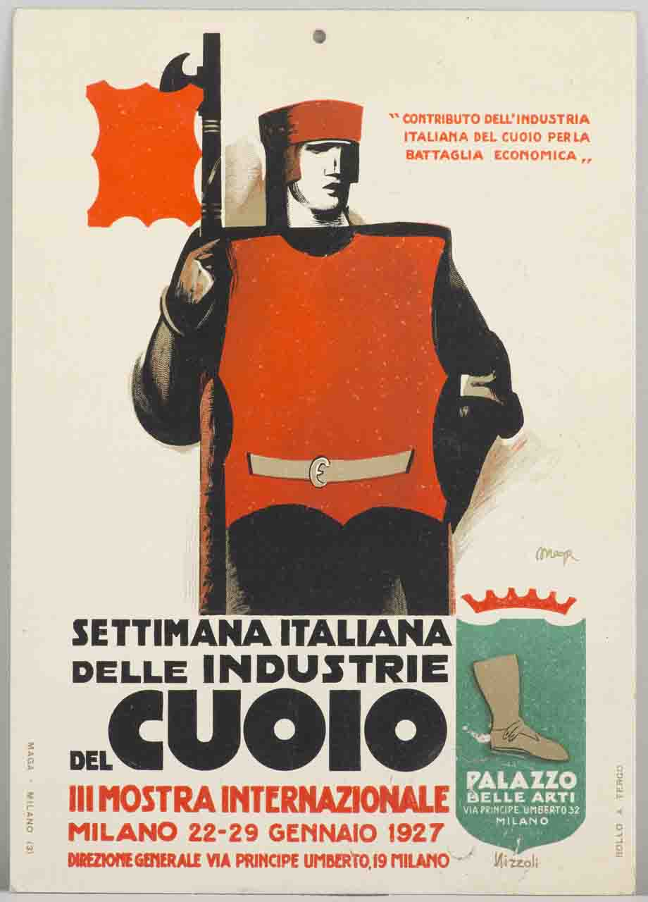 soldato con corazza e alabarda con simbolo del cuoio e stemma con calzatura (locandina) di MAGA, Nizzoli Marcello (sec. XX)