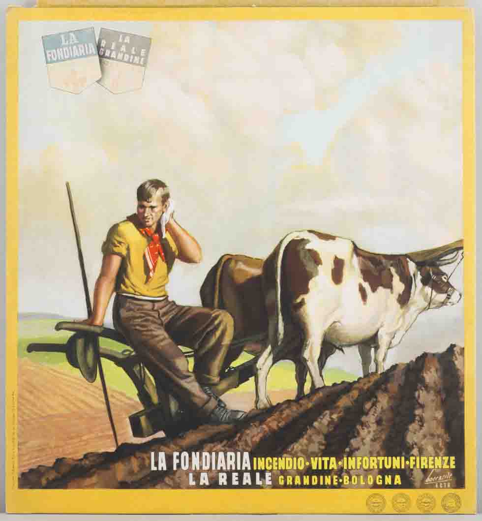 agricoltore riposa seduto sull'aratro attaccato ai buoi in un campo arato (locandina) di Boccasile Gino, ACTA (sec. XX)