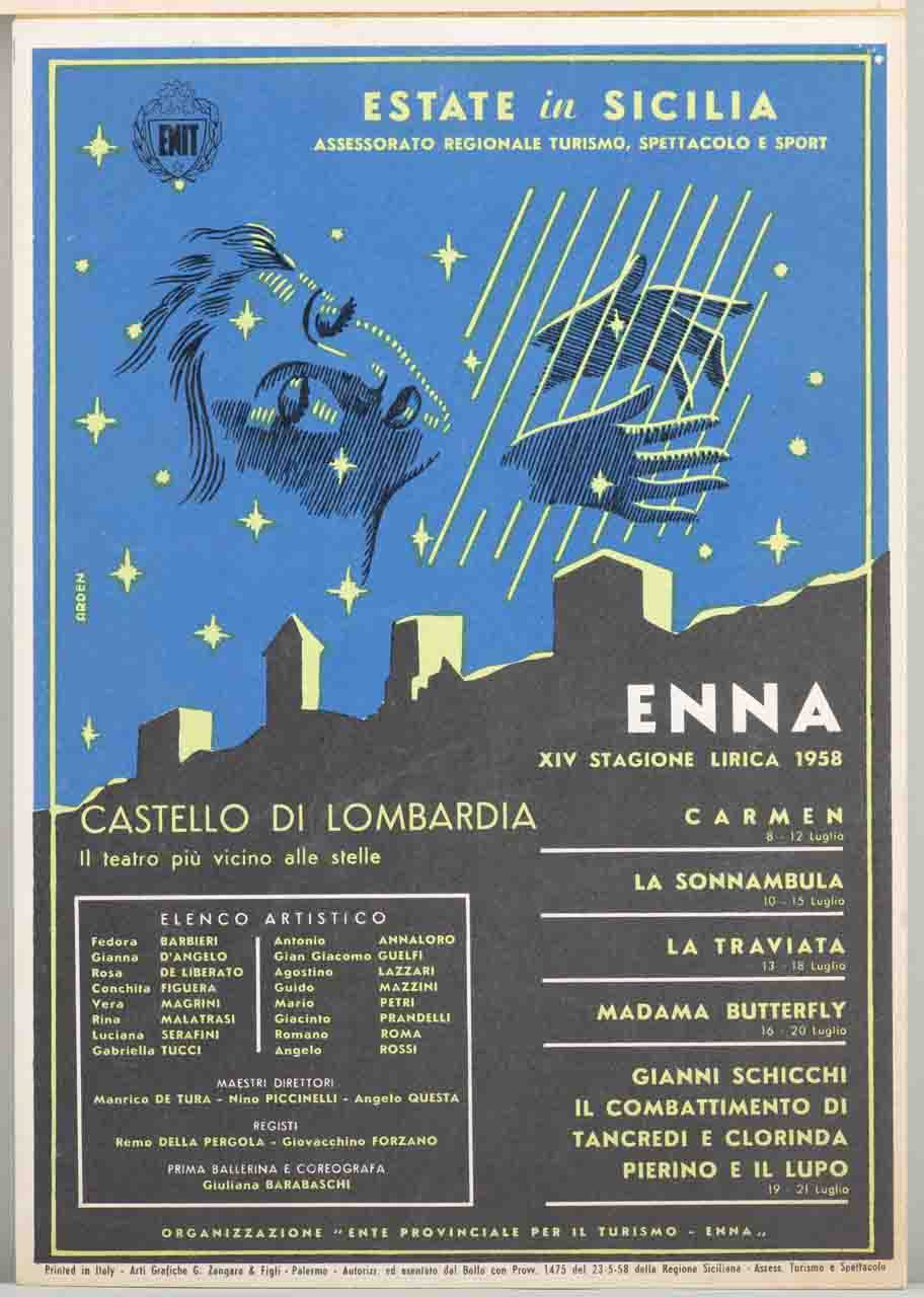 donna stilizzata suona l'arpa nel cielo stellato sopra il Castello di Lombardia in Enna (locandina) di Arden (sec. XX)