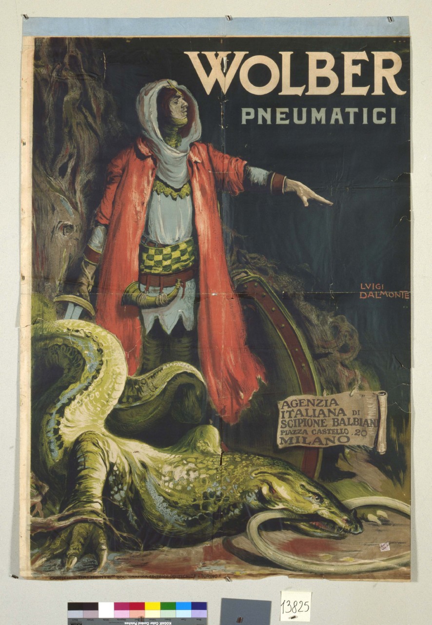 guerriero con drago che tiene in bocca uno pneumatico (manifesto) di Dal Monte Luigi (primo quarto sec. XX)