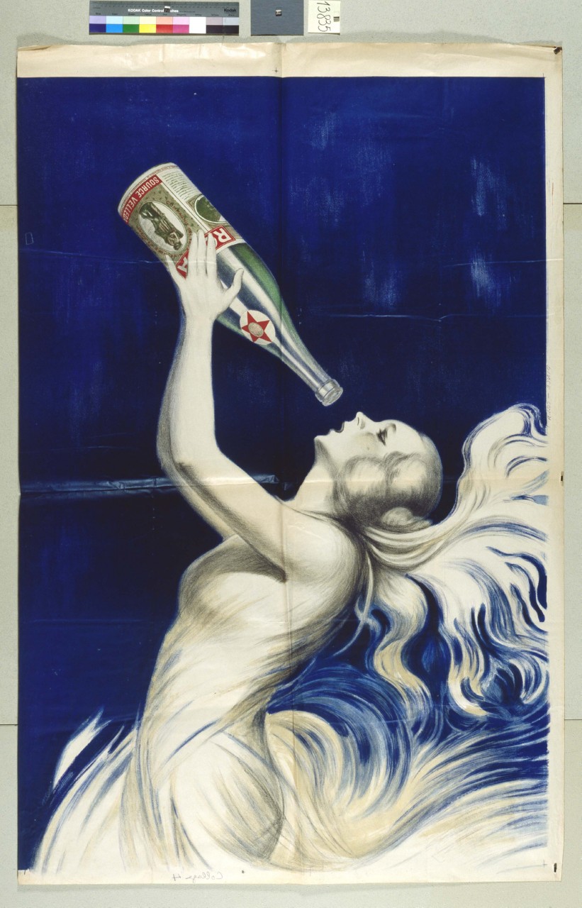 giovane donna con i capelli al vento beve da una bottiglia (manifesto, stampa composita) di Cappiello Leonetto (sec. XX)