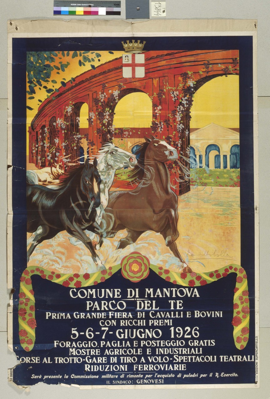 tre cavalli in corsa con scorcio di Palazzo Te (manifesto) - ambito italiano (sec. XX)