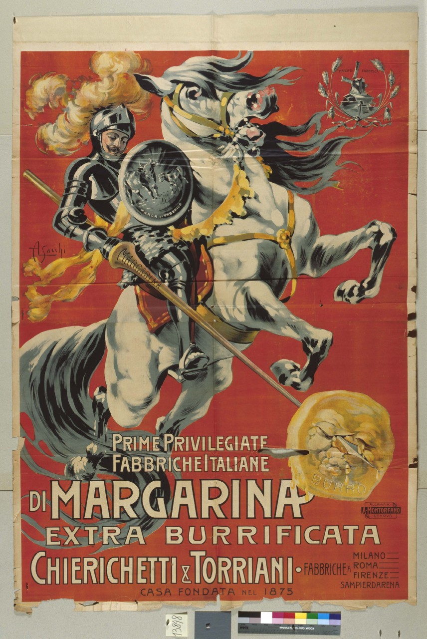 Margarina Chierichetti e Torriani, guerriero a cavallo infilza un panetto di margarina con la lancia (manifesto) di Sacchi Agostino Luigi (inizio sec. XX)