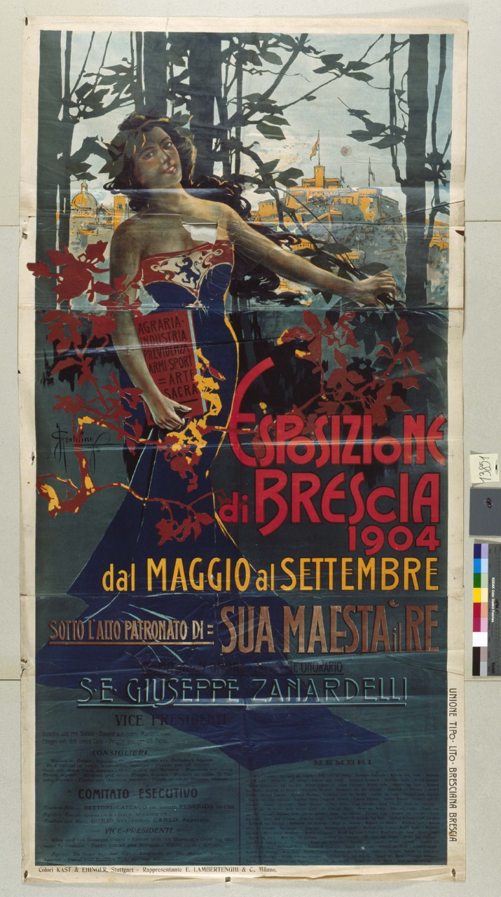 donna sorridente in abito elegante sposta le fronde di un albero e mostra la veduta di Brescia sullo sfondo (manifesto) di Gentilini G - ambito italiano (sec. XX)