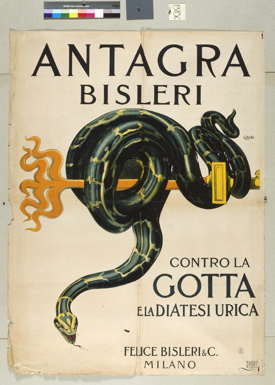 serpente attorcigliato intorno ad un bastone (bastone di Asclepio?) (manifesto) di Buffa Giovanni (prima metà sec. XX)