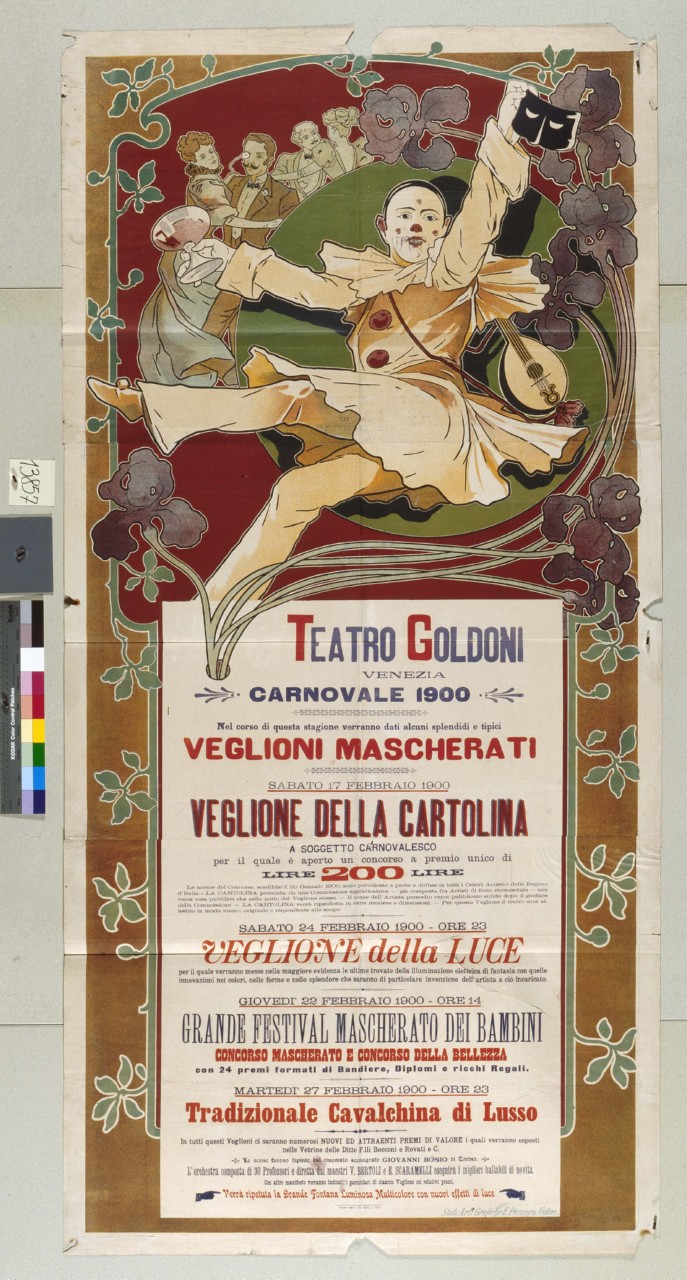 pierrot tra decorazioni floreali, sullo sfondo di coppie danzanti, tiene un bicchiere nella mano destra ed una maschera nella sinistra (manifesto) - ambito veneto-friulano (sec. XX)