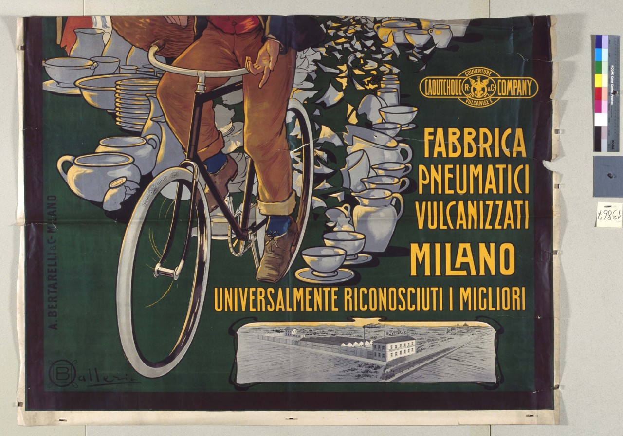 uomo in bicicletta distrugge un servizio di ceramica (manifesto, stampa composita) di Ballerio Osvaldo (prima metà sec. XX)