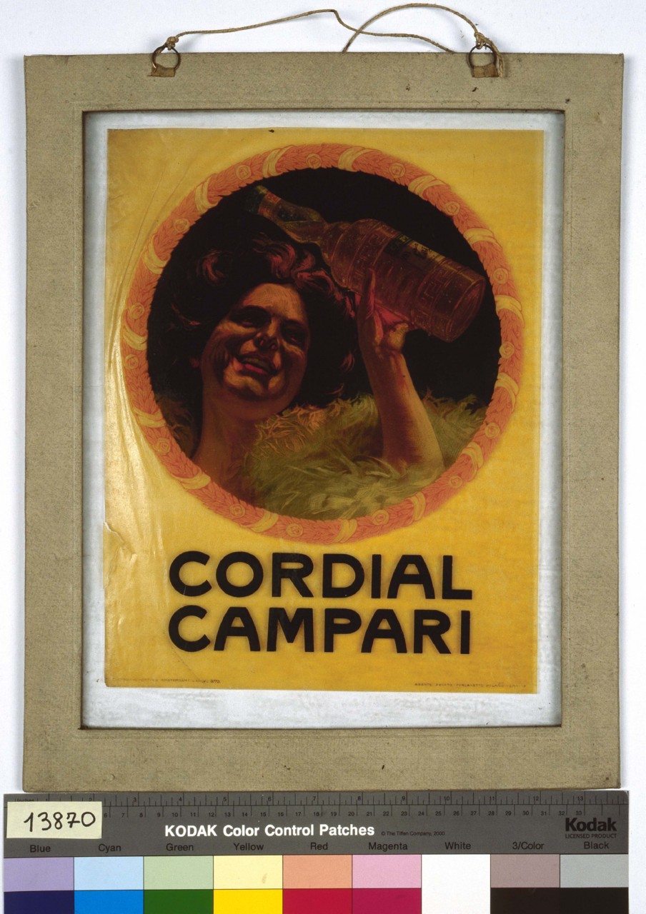 figura femminile con bottiglia entro un tondo (tabella) (prima metà sec. XX)