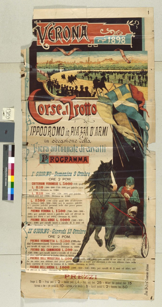 corsa al trotto con veduta di Verona (manifesto) - ambito veneto (sec. XIX)