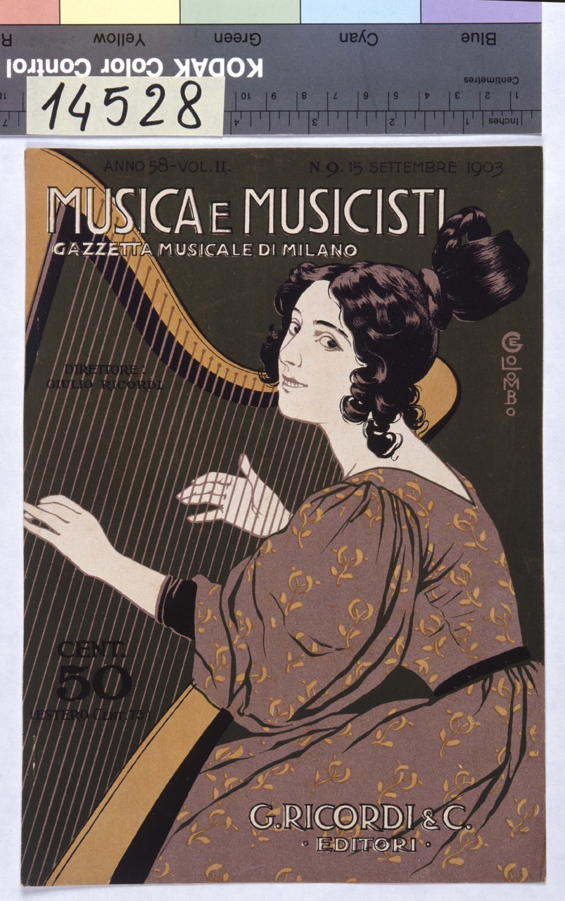 donna con acconciatura sul capo suona l'arpa (copertina) - ambito italiano (sec. XX)