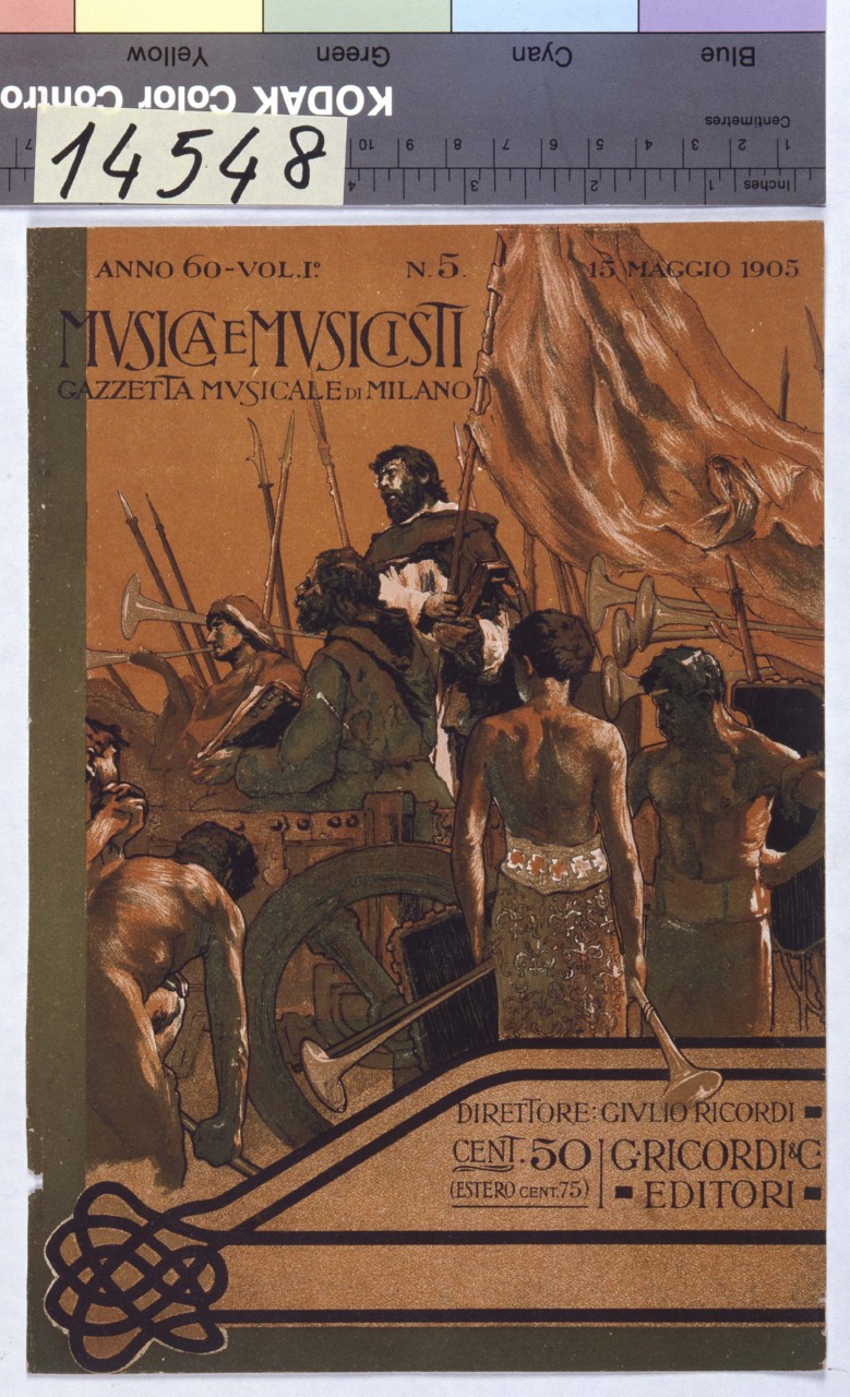 scena di antica battaglia con suonatori di tromba (copertina) di Dal Monte Luigi (sec. XX)