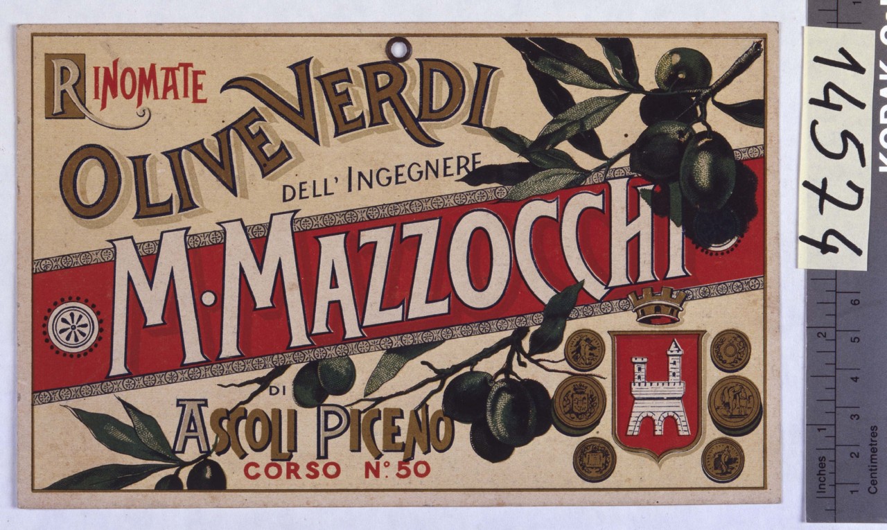 scritte pubblicitarie tra rami di ulivo con stemma di Ascoli Piceno tra medaglie (locandina) - ambito ascolano (metà/ inizio secc. XIX-XX)