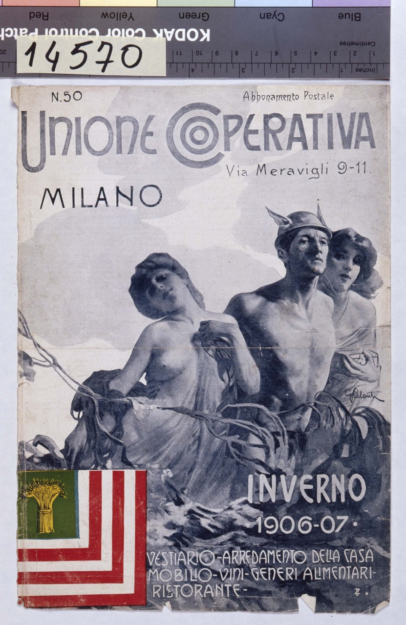 figura maschile con copricapo alato (Mercurio?) abbraccia due donne seducenti (copertina) di Palanti Giuseppe (sec. XX)