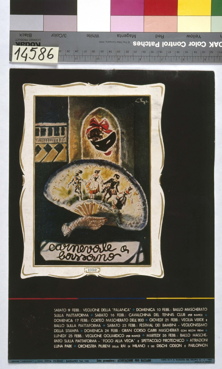 donna mascherata con ampio ventaglio in mano è raffigurata in un quadro incorniciato (locandina) - ambito italiano (sec. XX)