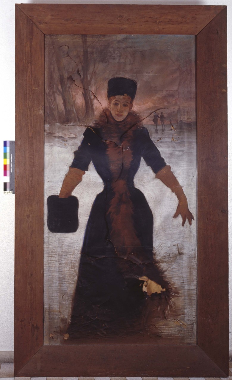 donna con pelliccia sullo sfondo di un paesaggio invernale (disegno) di Dudovich Marcello (prima metà sec. XX)