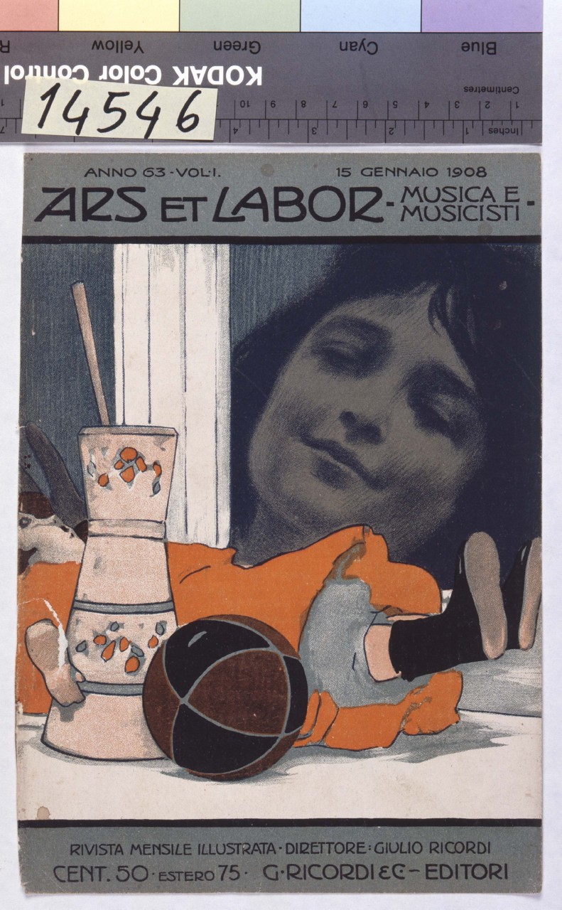 una palla, un vaso, una bambola ed un ritratto incorniciato stanno su un piano (copertina) di Metlicovitz Leopoldo (sec. XX)