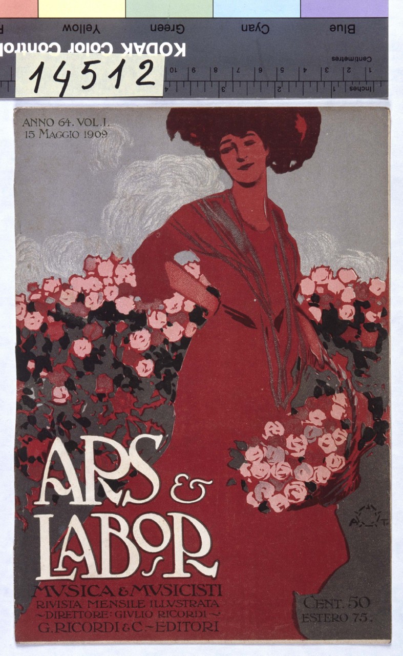 donna con cappello in un giardino fiorito tiene una cesta piena di fiori (copertina) di Terzi Aleardo (sec. XX)