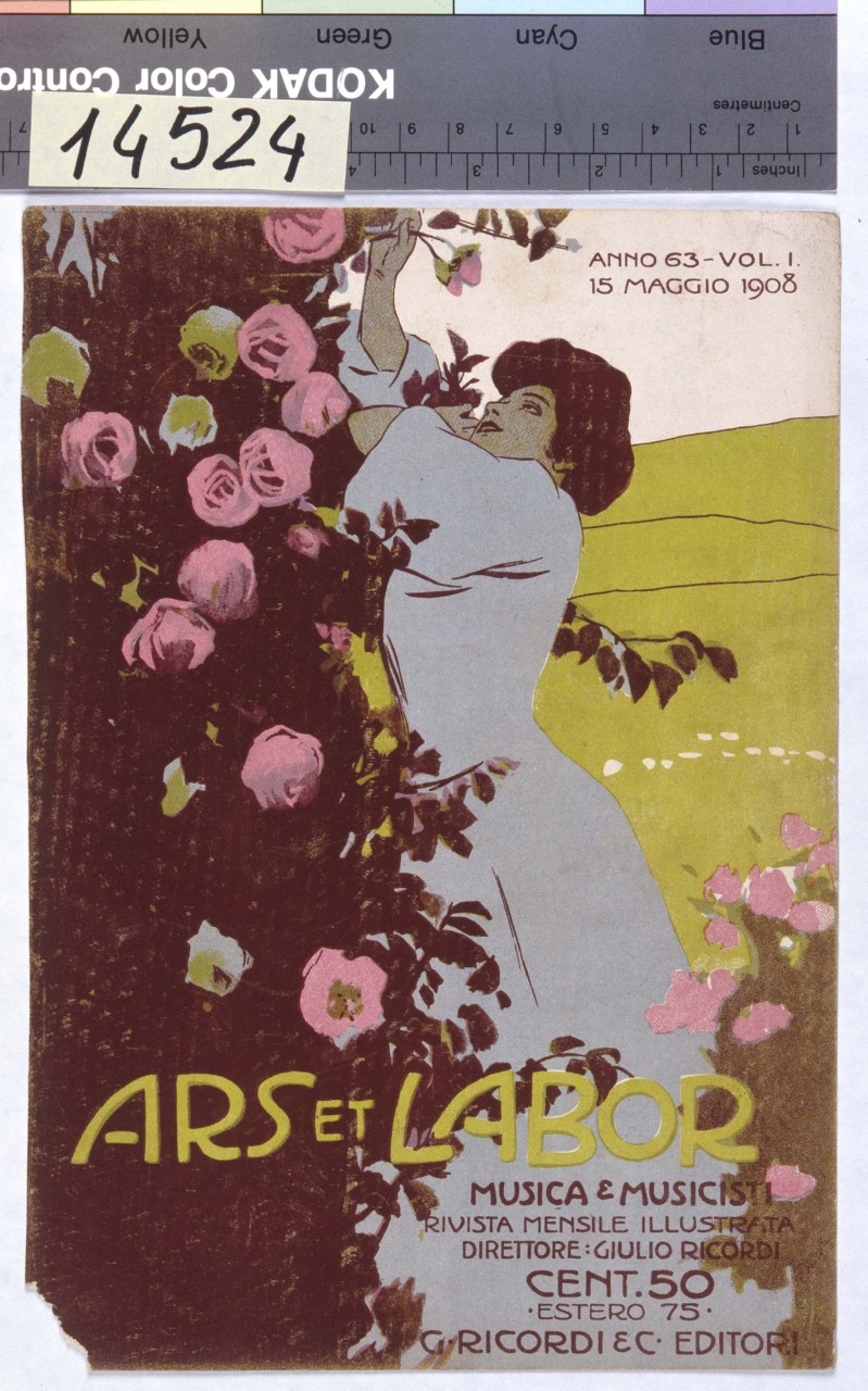 donna raccoglie fiori da una pianta in un giardino (copertina) di Metlicovitz Leopoldo (sec. XX)
