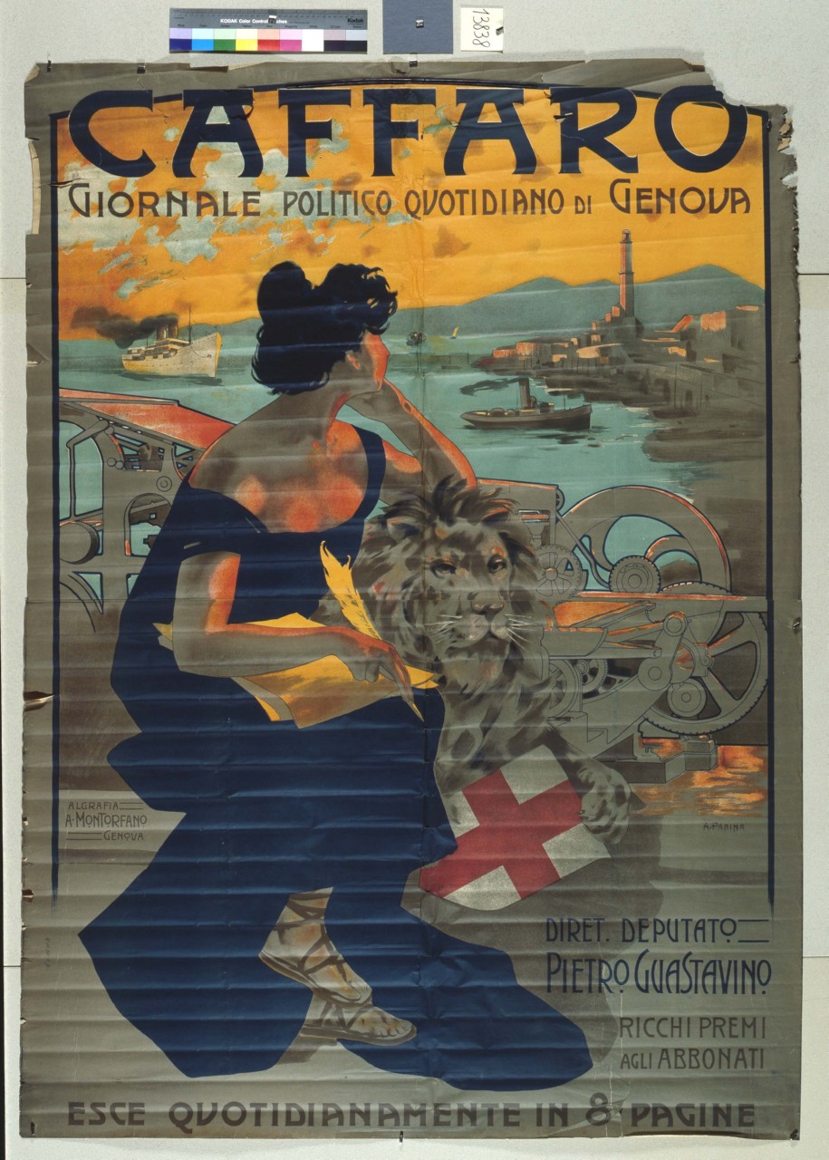 donna con abito azzurro siede con un leone con scudo crociato tra le zampe ed osserva il tramonto sul porto di Genova appoggiata ad un macchinario tipografico (manifesto) - ambito italiano (inizio sec. XX)
