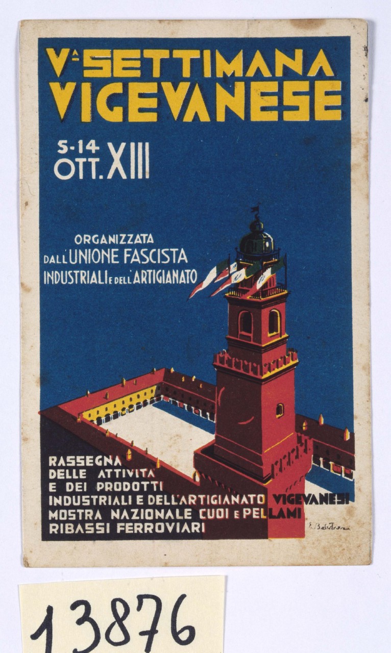veduta della torre del Bramante con scorcio di Piazza Ducale a Vigevano (cartolina) di Balestreri Emilio (sec. XX)