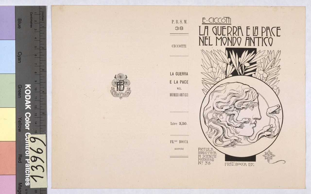 testa di Medusa entro tondo con rami di ulivo nella parte superiore (copertina) di Mataloni Giovanni Maria (sec. XX)