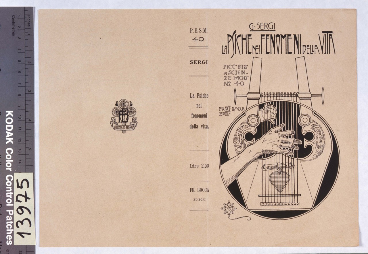 due mani suonano una cetra che fuoriesce da un tondo con fondo nero (copertina) di Mataloni Giovanni Maria (sec. XX)