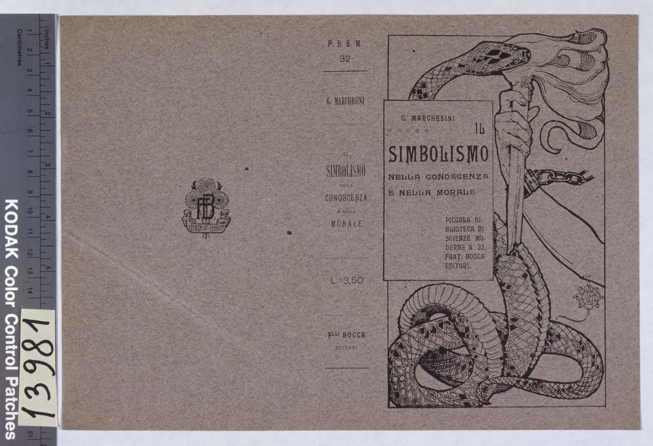 una mano incatenata al polso sostiene una fiaccola addentata da un lungo serpente (copertina) di Mataloni Giovanni Maria (fine/ inizio secc. XIX/ XX)