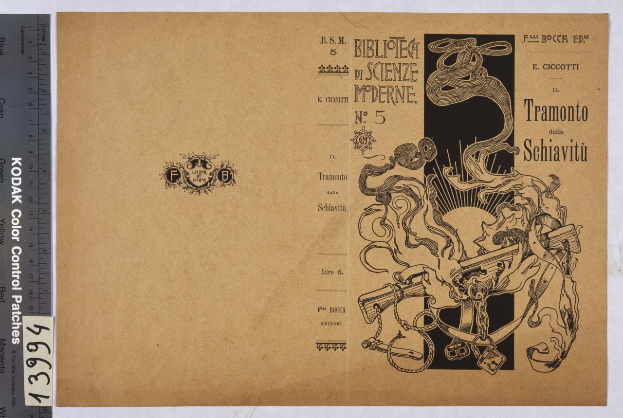 un giogo avvolto dalle fiamme si staglia contro un sole su fondo nero (copertina) di Mataloni Giovanni Maria (fine/ inizio secc. XIX-XX)