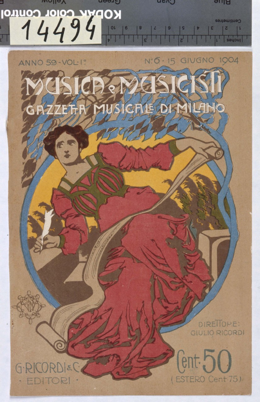 donna in abito elegante scrive musica su un lungo rotolo (copertina) di Mataloni Giovanni Maria (sec. XX)