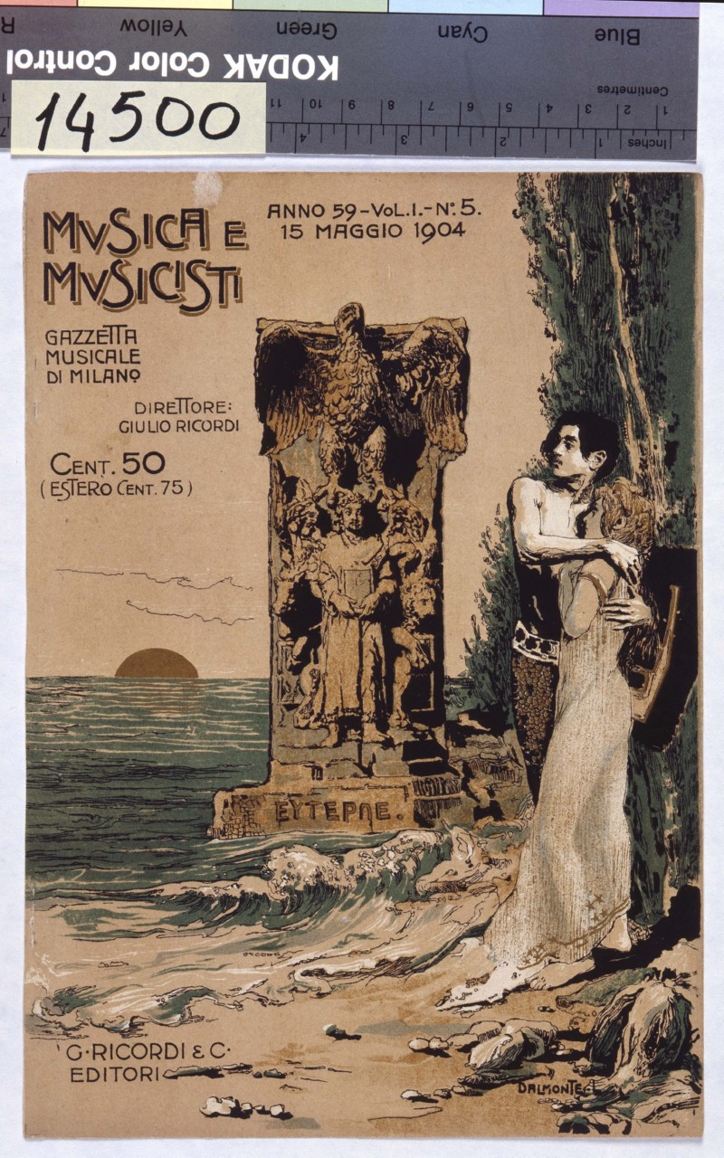 un uomo ed una donna (Euterpe?) in riva al mare osservano intimoriti un pilastro raffigurante i quattro evangelisti (copertina) di Dal Monte Luigi (sec. XX)