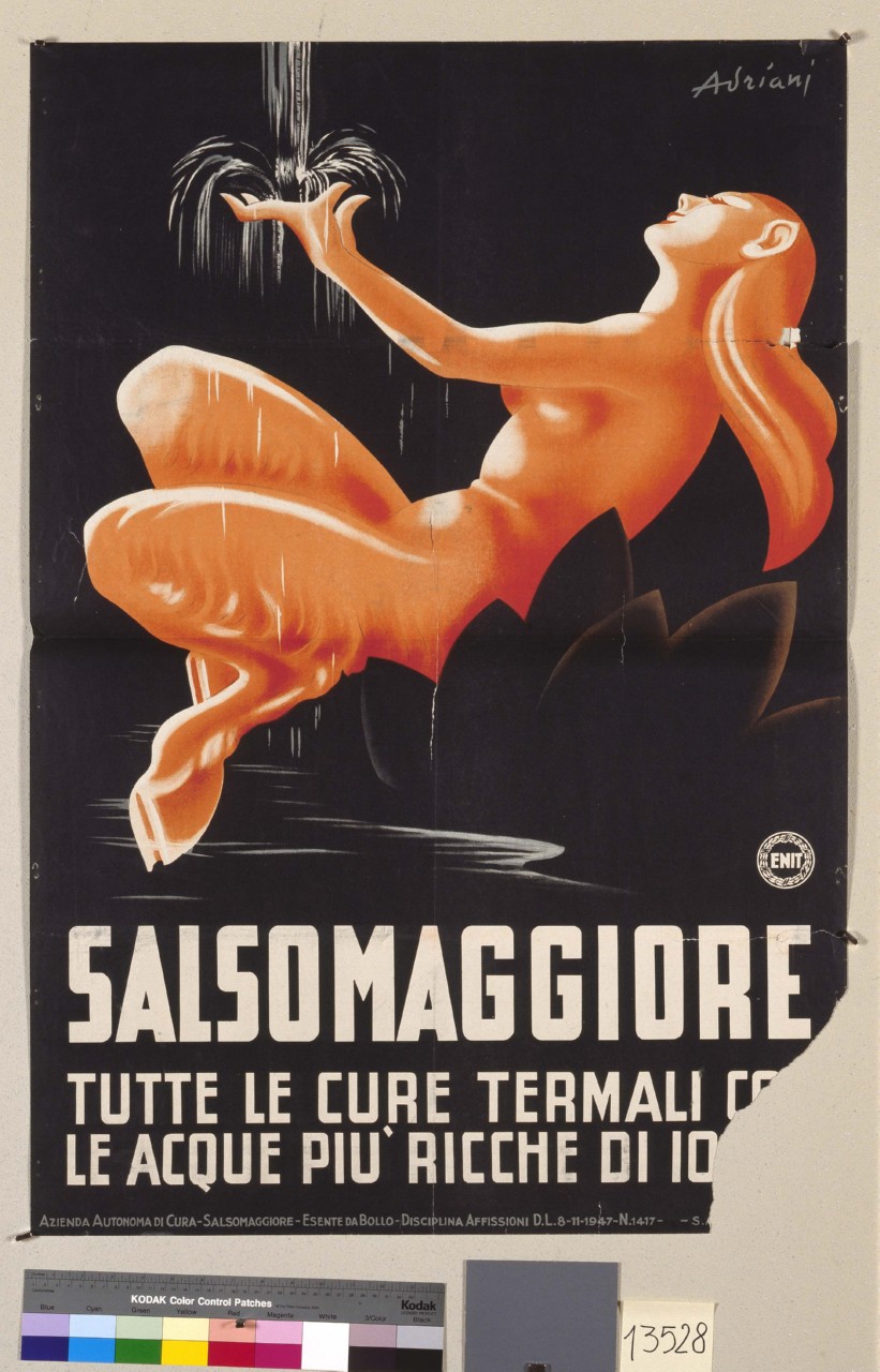figura femminile con gambe zoomorfe raccoglie l'acqua con le mani (manifesto) di Adriani Emidio (sec. XX)