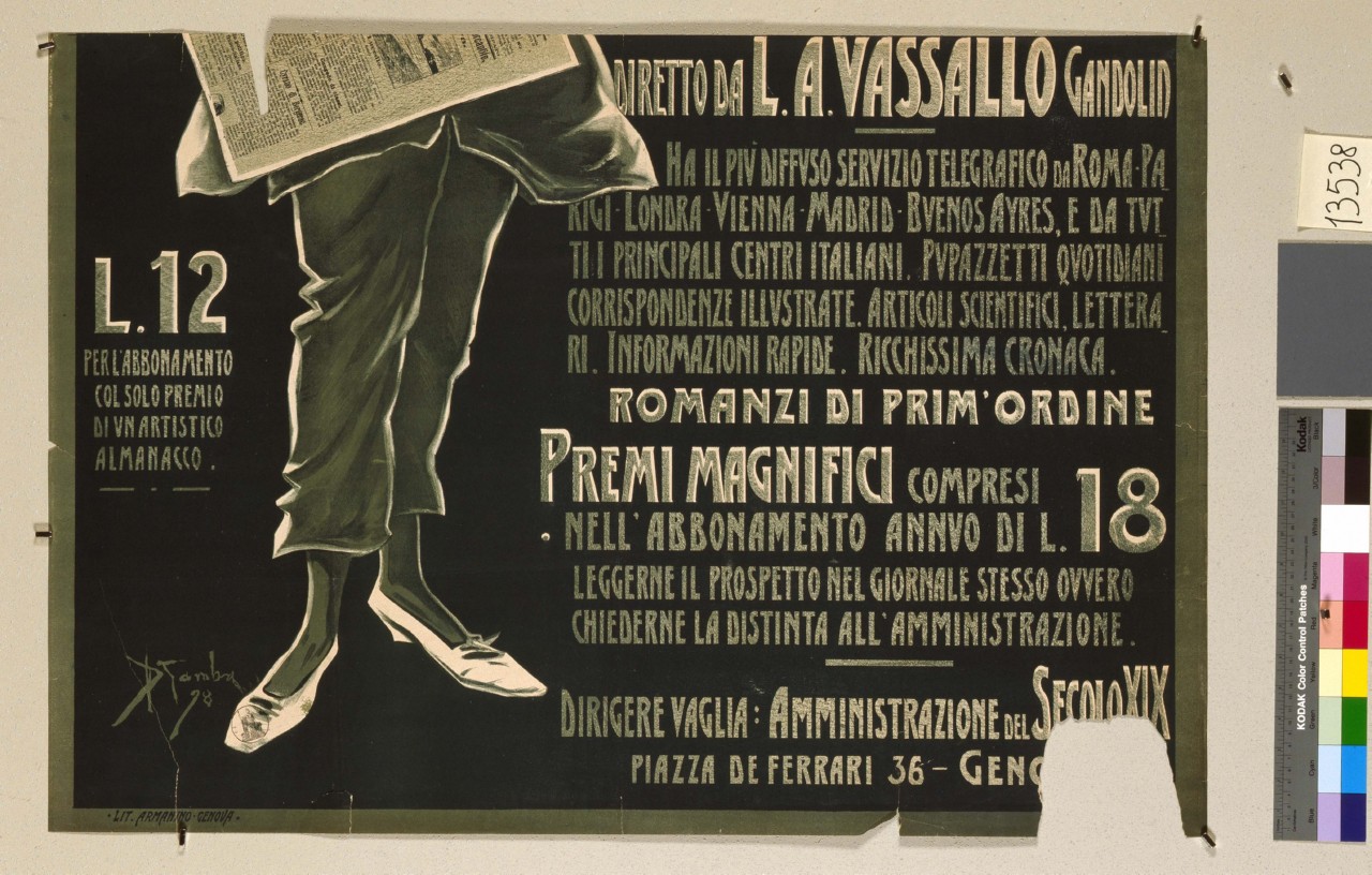 Il Secolo XIX, Pierrot fa lo strillone per Il Secolo XIX (manifesto, elemento d'insieme) di Garuti Giuseppe detto Pipein Gamba (sec. XIX)