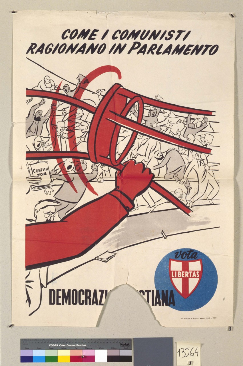 in primo piano un braccio brandisce una sedia sullo sfondo di un gruppo di parlamentari in rissa (manifesto) - ambito italiano (sec. XX)