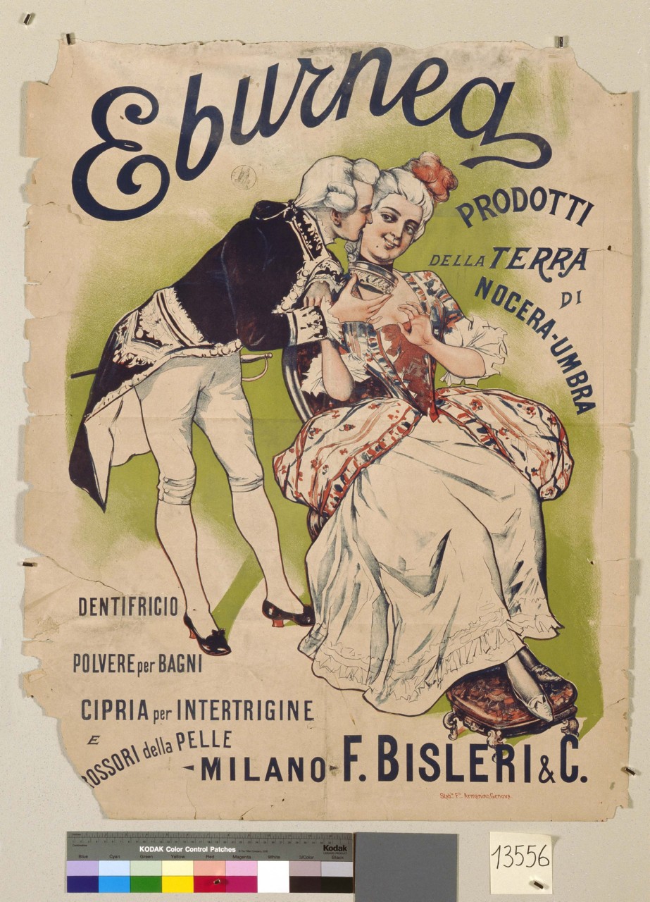 figura maschile offre alla donna seduta una confezione di cipria (manifesto) - ambito italiano (sec. XIX)