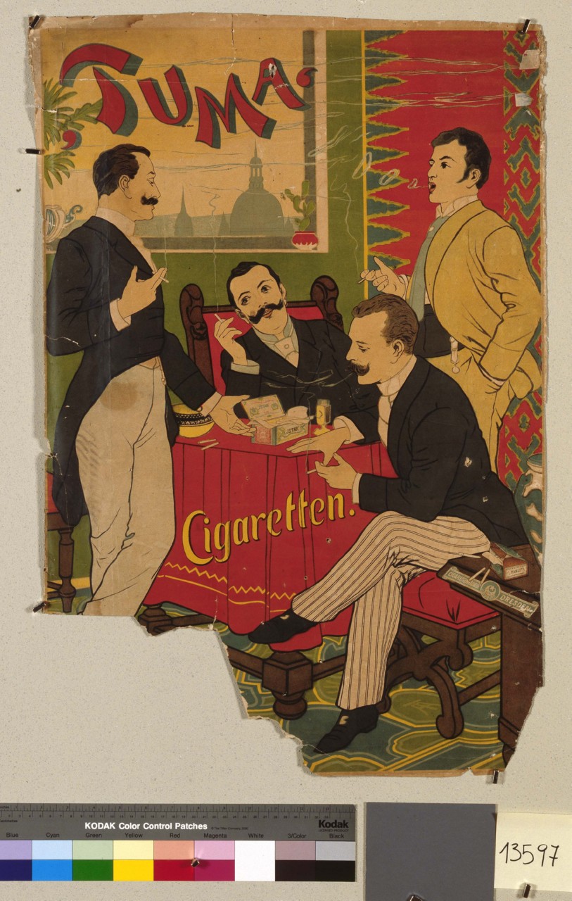 quattro uomini fumano attorno a un tavolo (manifesto) - ambito tedesco (fine/ inizio secc. XIX/ XX)