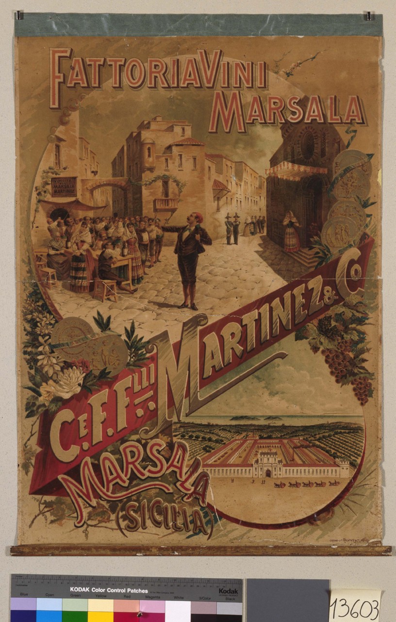 veduta di Marsala con figure maschili e femminili in abiti folkloristici (locandina) - ambito siciliano (sec. XIX)