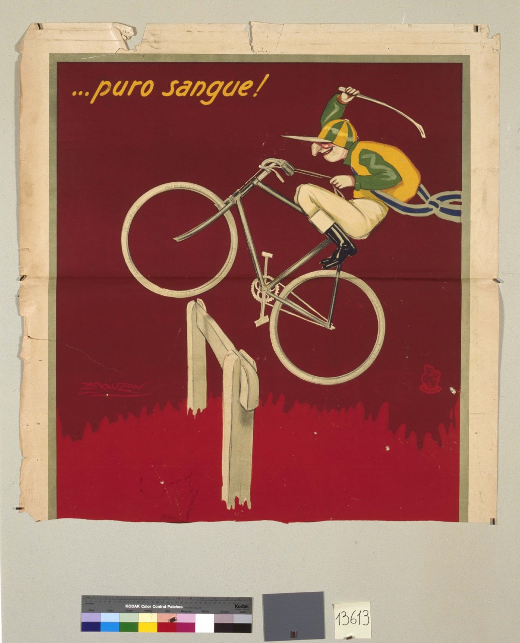 fantino in bicicletta salta un ostacolo (manifesto) di Mauzan Achille Luciano, MAGA (sec. XX)