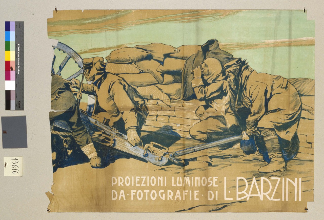 soldati in battaglia si preparano all'attacco (manifesto) di Galli Riccardo - ambito italiano (sec. XX)