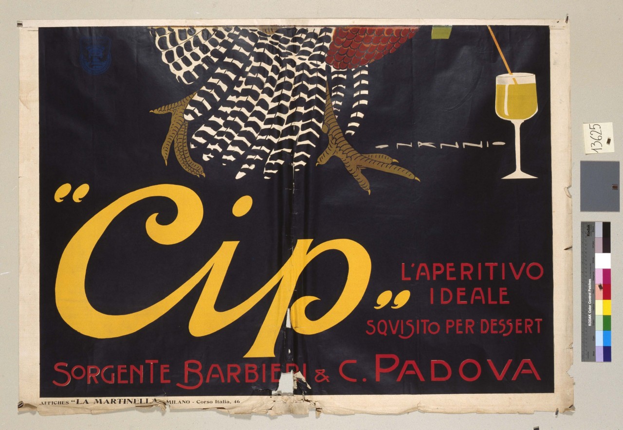 zampe di pavone accanto ad un bicchiere (manifesto, stampa composita) di Nanni Nino (sec. XX)