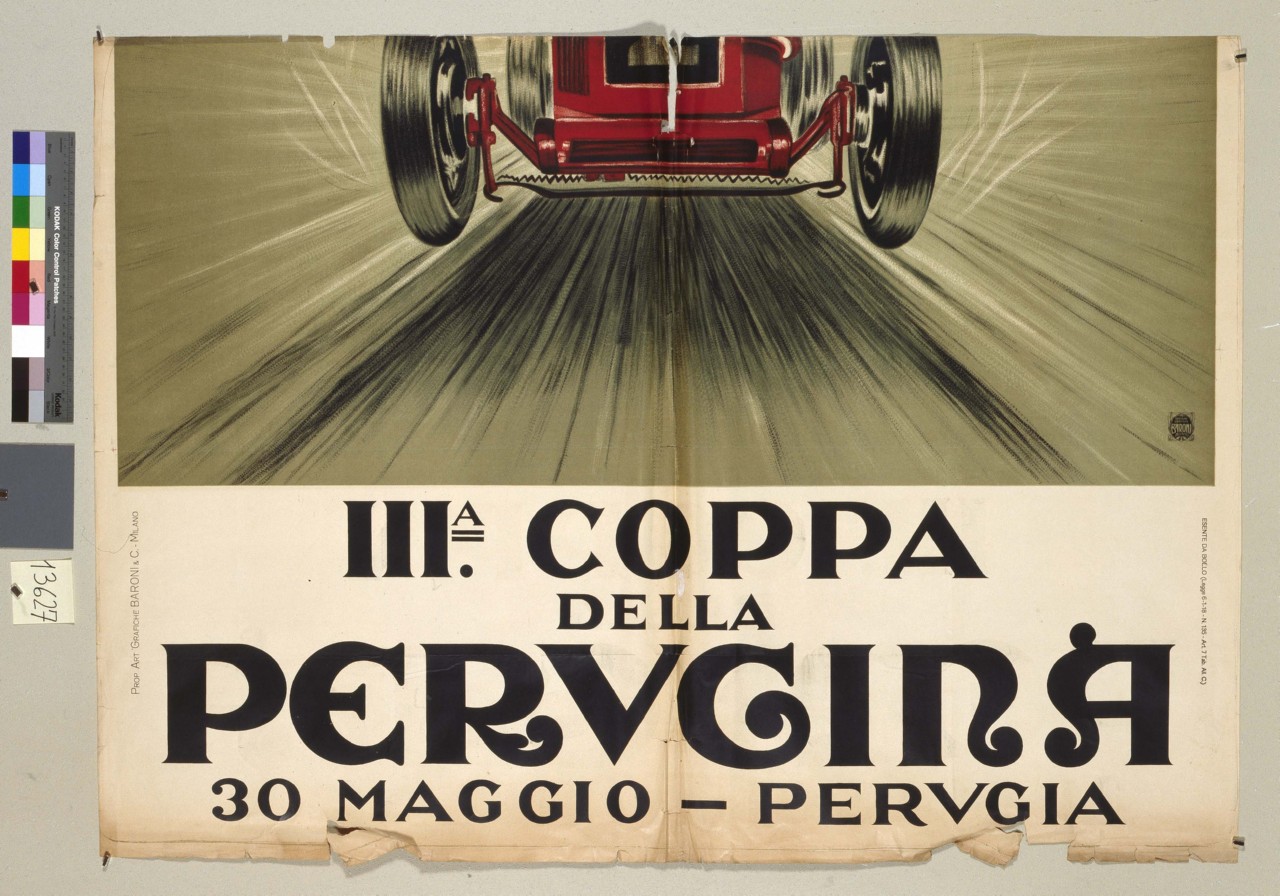 parte inferiore di autoveicolo in corsa (manifesto) di Seneca Federico (sec. XX)