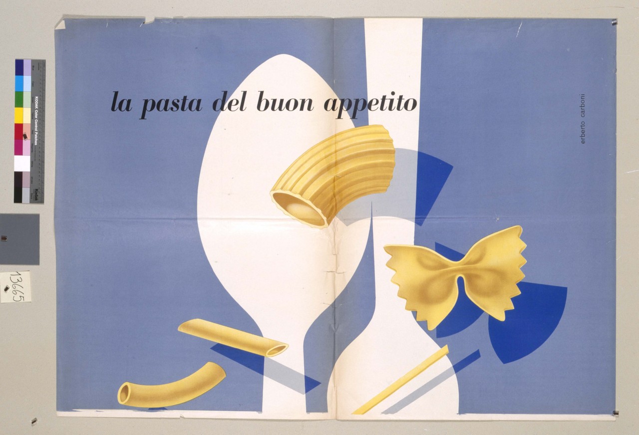 cinque tipi di pasta fluttuano davanti a due posate (manifesto) di Carboni Erberto detto Lince (sec. XX)